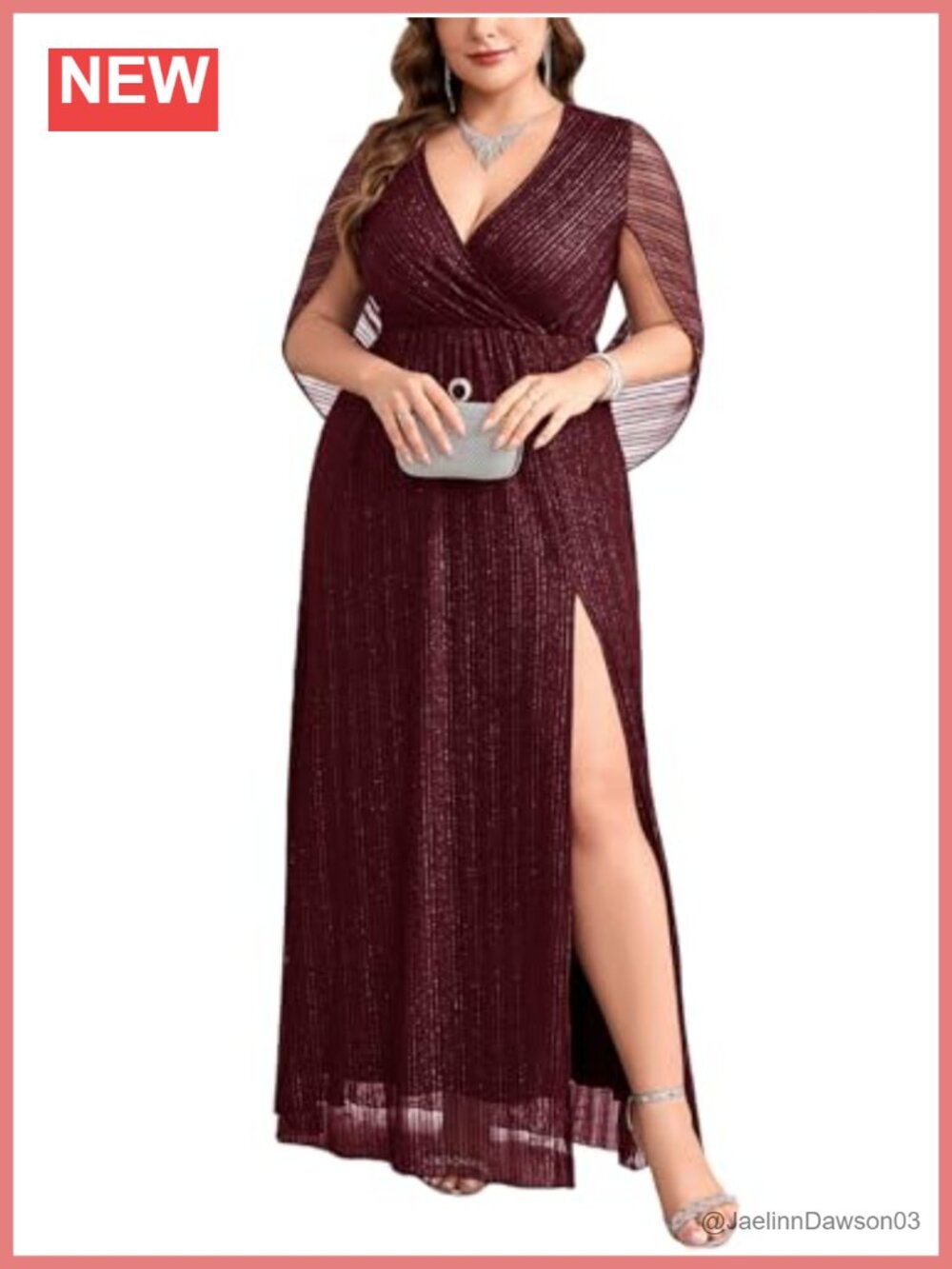 Plus Size Sparkly Formal Evening Gown Cape Sleeve V Neck A Line Side Split Maxi